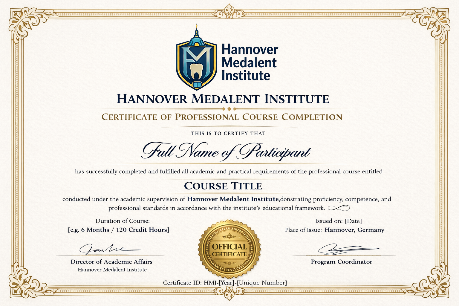 Muster of a certificate of a course completion