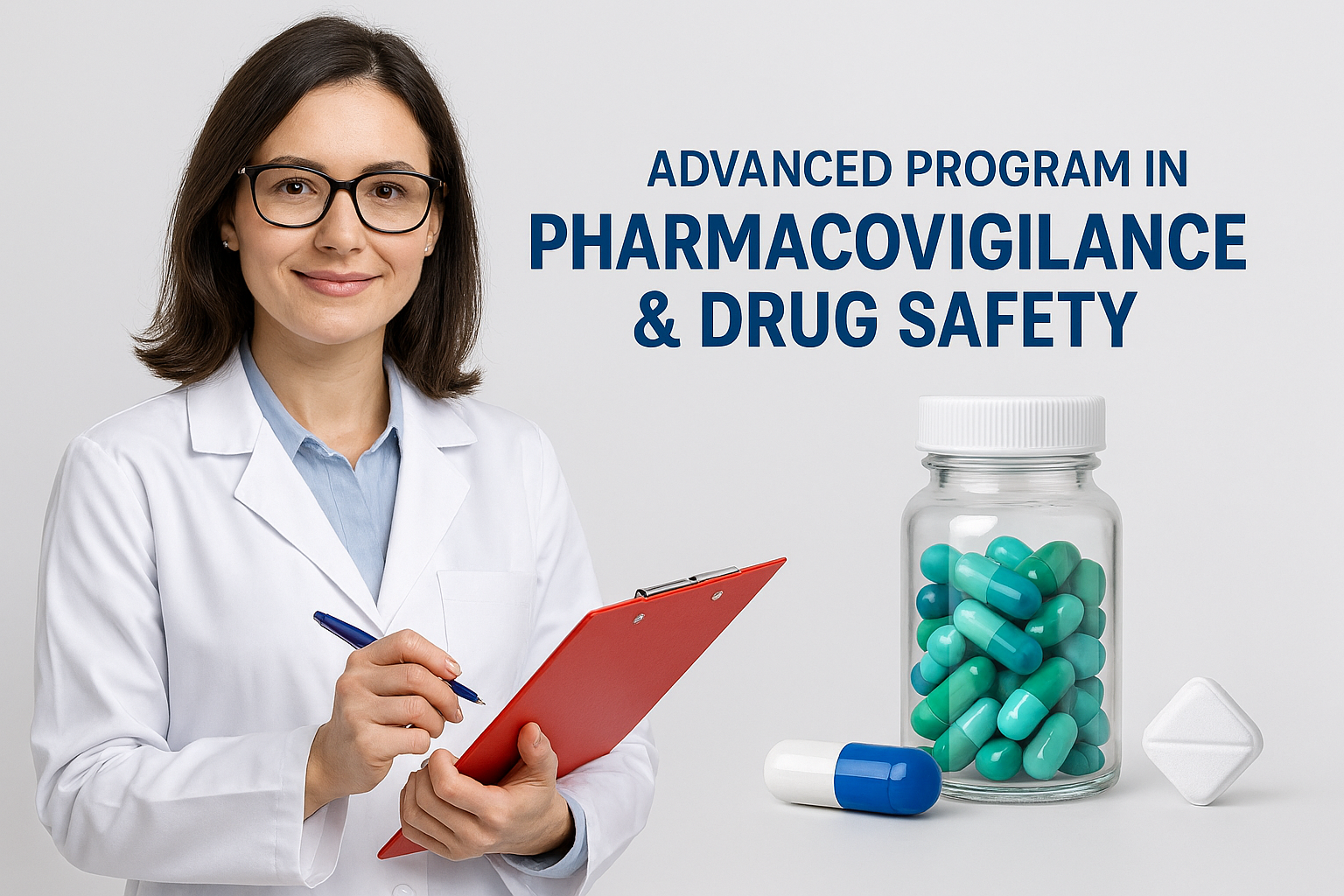 Researcher reviewing pharmacovigilance data on computer